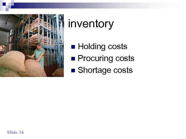 Managing inventory Holding costs n Procuring costs n Shortage costs n Slide 36 