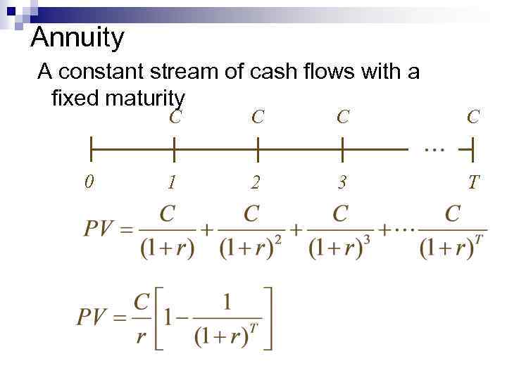 Annuity A constant stream of cash flows with a fixed maturity C 0 C