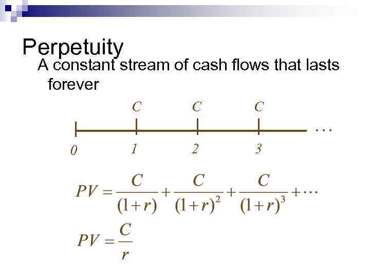 Perpetuity A constant stream of cash flows that lasts forever C 0 C C