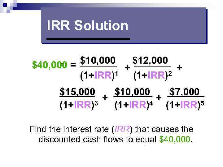 IRR Solution $10, 000 $12, 000 $40, 000 = + + (1+IRR)1 (1+IRR)2 $15,