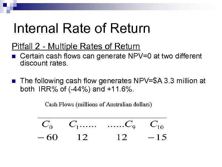 Internal Rate of Return Pitfall 2 - Multiple Rates of Return n Certain cash