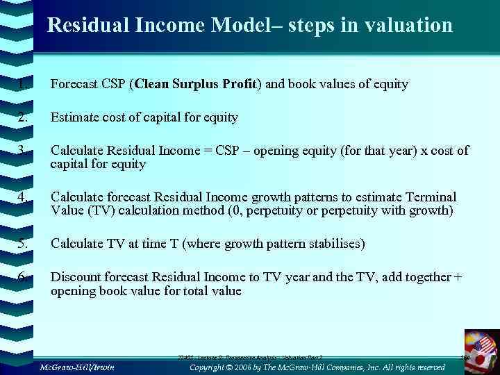 Residual Income Model– steps in valuation 1. Forecast CSP (Clean Surplus Profit) and book