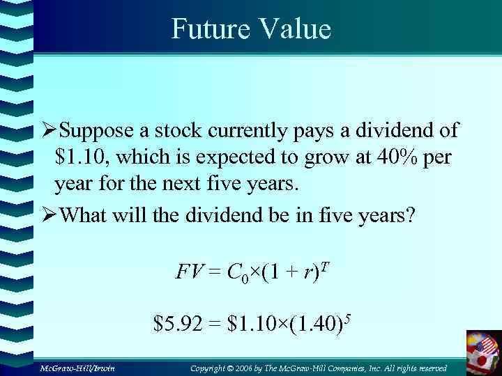 Future Value ØSuppose a stock currently pays a dividend of $1. 10, which is