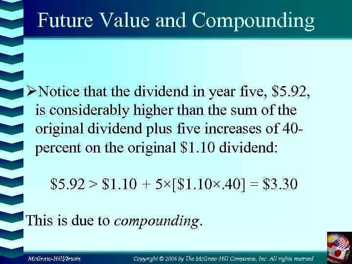 Future Value and Compounding ØNotice that the dividend in year five, $5. 92, is