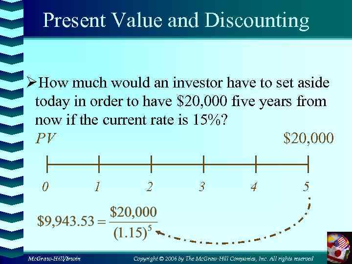 Present Value and Discounting ØHow much would an investor have to set aside today