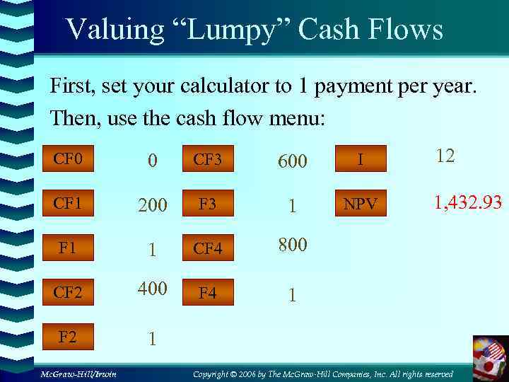 Valuing “Lumpy” Cash Flows First, set your calculator to 1 payment per year. Then,