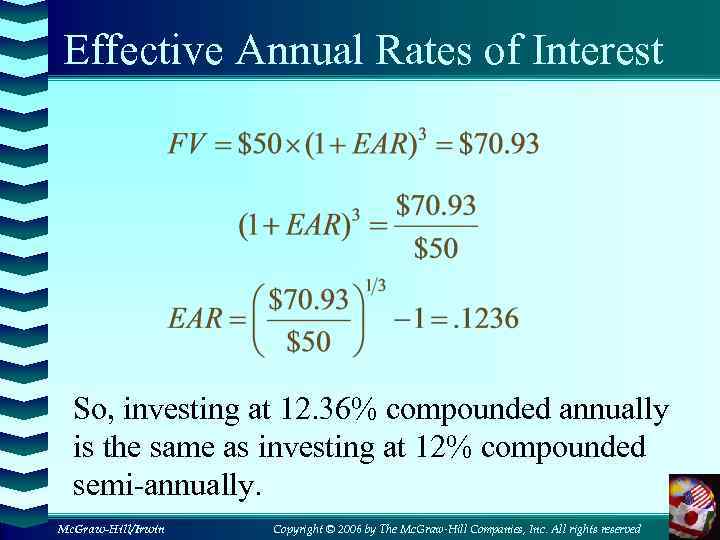 Effective Annual Rates of Interest So, investing at 12. 36% compounded annually is the