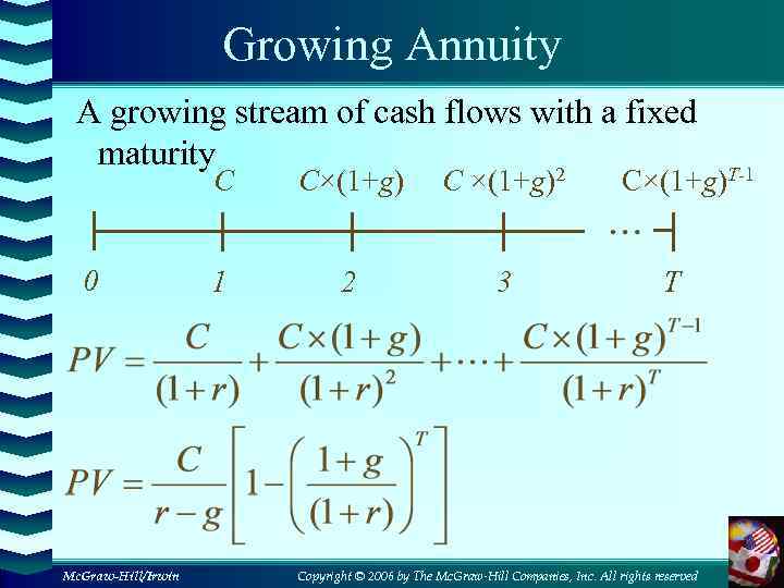 Growing Annuity A growing stream of cash flows with a fixed maturity 2 C