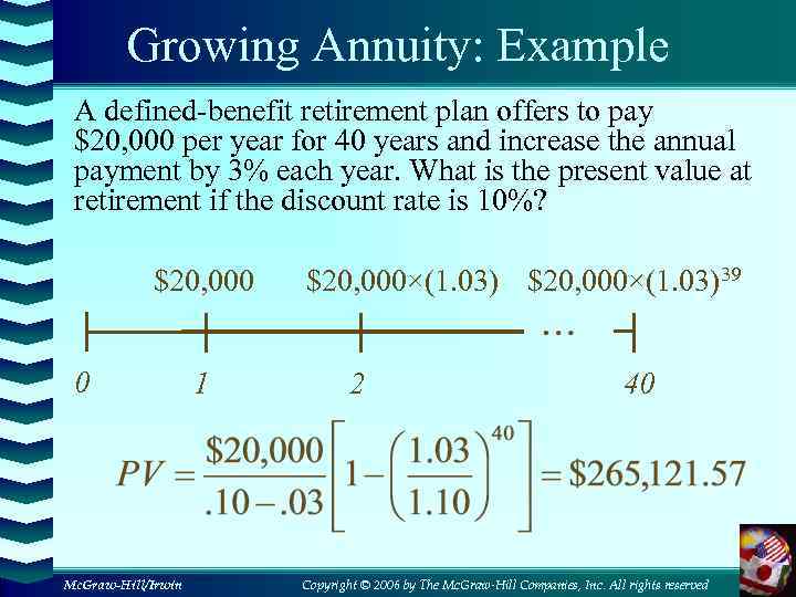 Growing Annuity: Example A defined-benefit retirement plan offers to pay $20, 000 per year