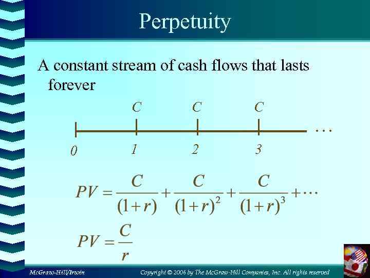 Perpetuity A constant stream of cash flows that lasts forever C 0 Mc. Graw-Hill/Irwin