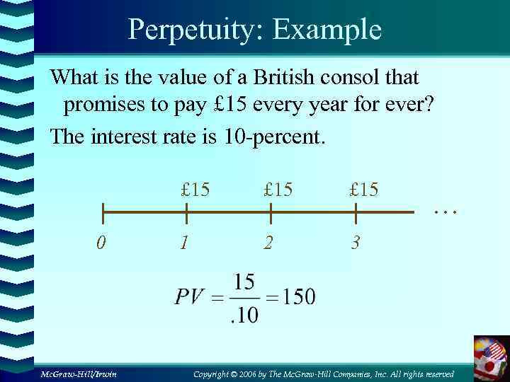 Perpetuity: Example What is the value of a British consol that promises to pay