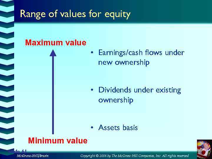 Range of values for equity Maximum value • Earnings/cash flows under new ownership •