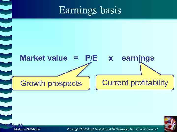 Earnings basis Market value = P/E Growth prospects Slide 89 Mc. Graw-Hill/Irwin x earnings
