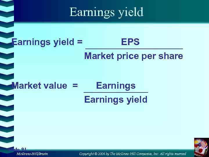 Earnings yield = EPS Market price per share Market value = Earnings yield Slide