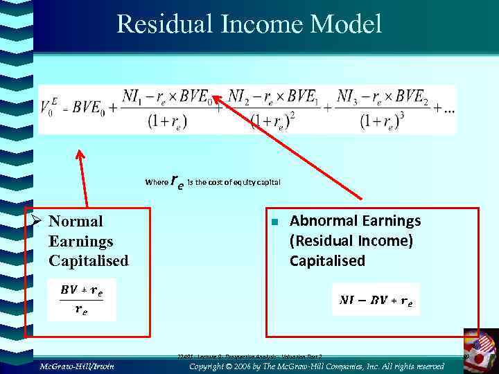 Residual Income Model Where Ø Normal Earnings Capitalised re is the cost of equity