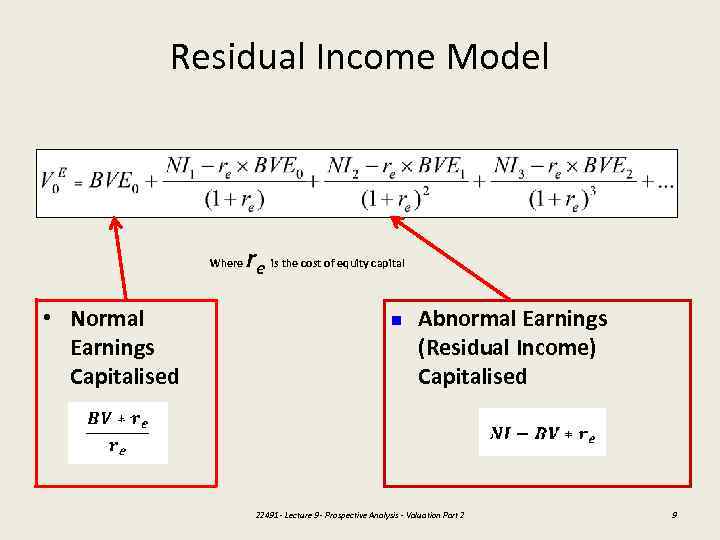 Residual Income Model Where • Normal Earnings Capitalised re is the cost of equity