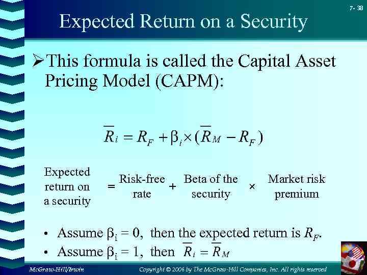 Expected Return on a Security ØThis formula is called the Capital Asset Pricing Model