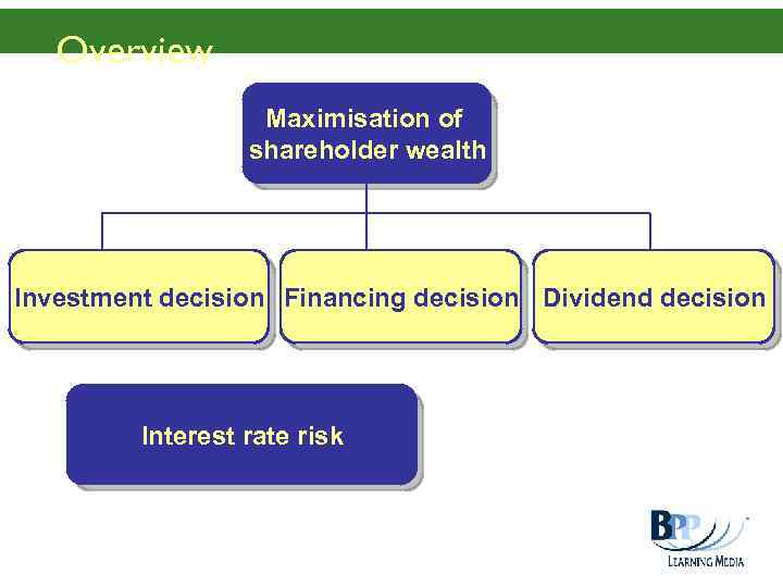 Overview Maximisation of shareholder wealth Investment decision Financing decision Dividend decision Interest rate risk