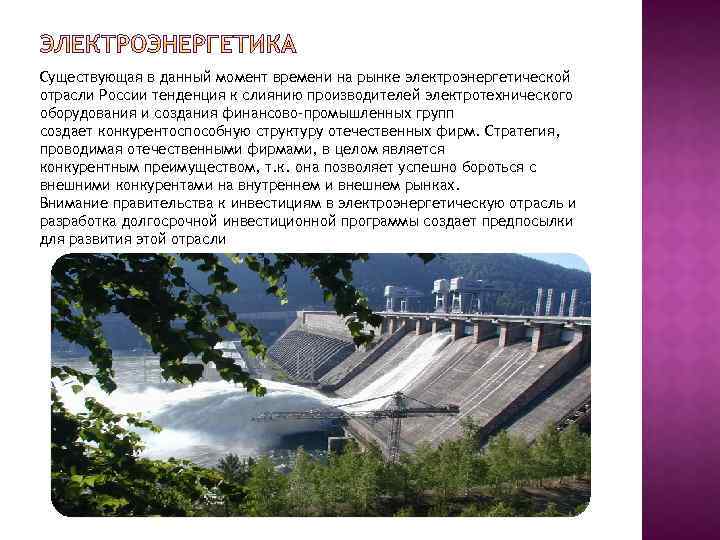 Существующая в данный момент времени на рынке электроэнергетической отрасли России тенденция к слиянию производителей