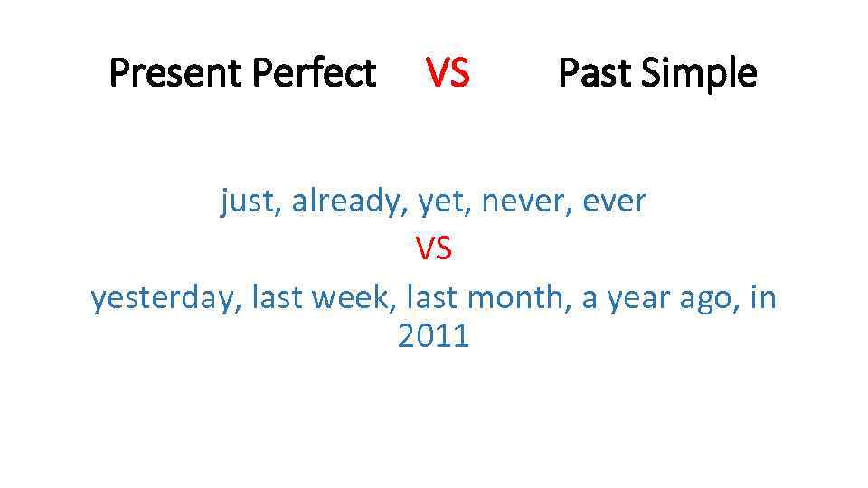 Present Perfect VS Past Simple just, already, yet, never, ever VS yesterday, last week,