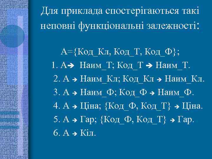 Для приклада спостерігаються такі неповні функціональні залежності: А={Код_Кл, Код_Т, Код_Ф}; 1. А Наим_Т; Код_Т