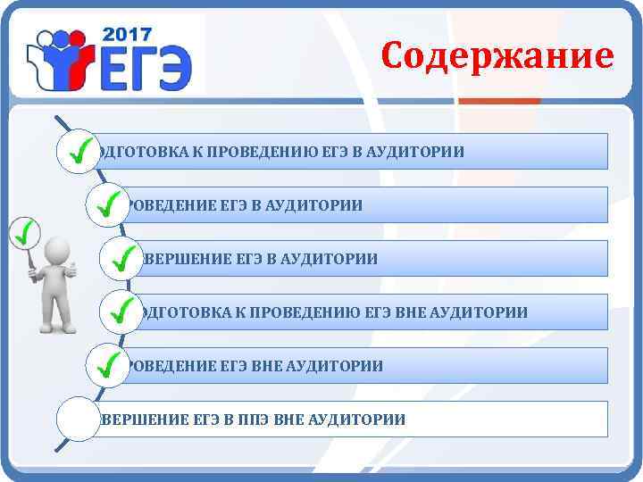 Содержание ПОДГОТОВКА К ПРОВЕДЕНИЮ ЕГЭ В АУДИТОРИИ ПРОВЕДЕНИЕ ЕГЭ В АУДИТОРИИ ЗАВЕРШЕНИЕ ЕГЭ В