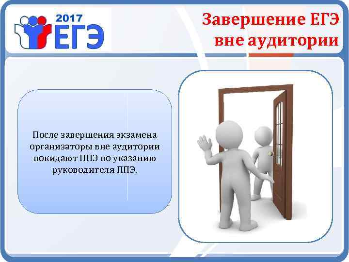 Завершение ЕГЭ вне аудитории После завершения экзамена организаторы вне аудитории покидают ППЭ по указанию