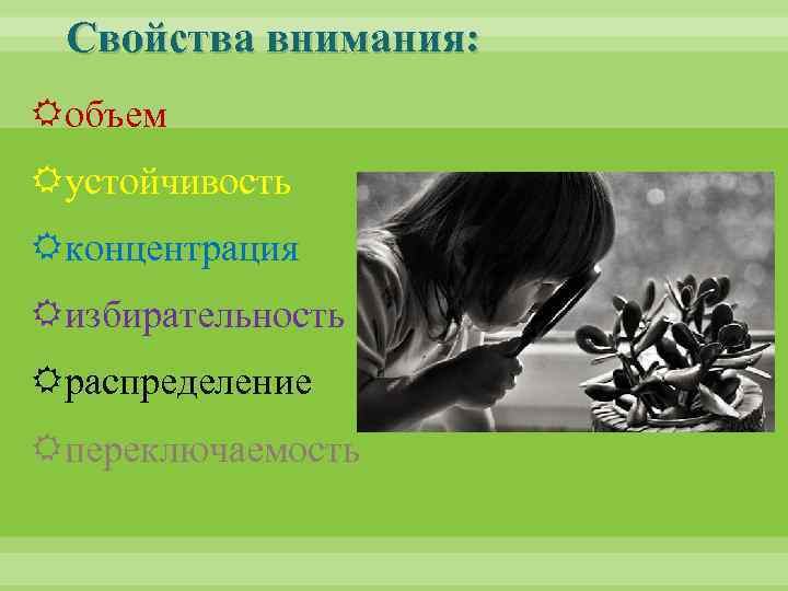 Свойства внимания: объем устойчивость концентрация избирательность распределение переключаемость 