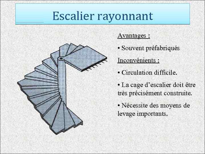 Escalier rayonnant Avantages : • Souvent préfabriqués Inconvénients : • Circulation difficile. • La