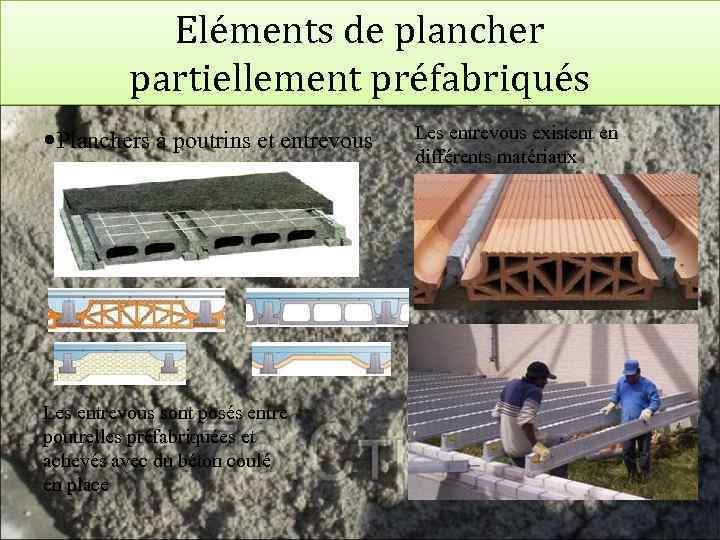 Eléments de plancher partiellement préfabriqués Planchers à poutrins et entrevous Les entrevous sont posés