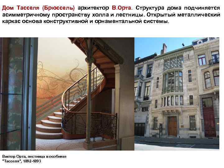Дом Тасселя (Брюссель) архитектор В. Орта. Структура дома подчиняется асимметричному пространству холла и лестницы.