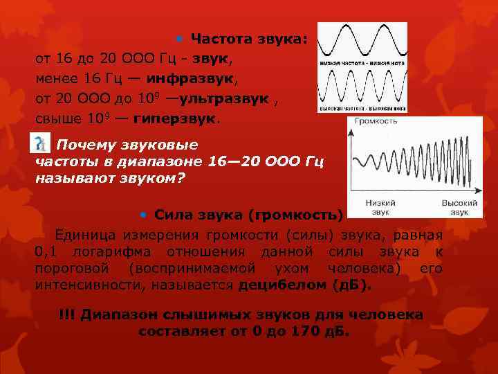  Частота звука: от 16 до 20 ООО Гц - звук, менее 16 Гц