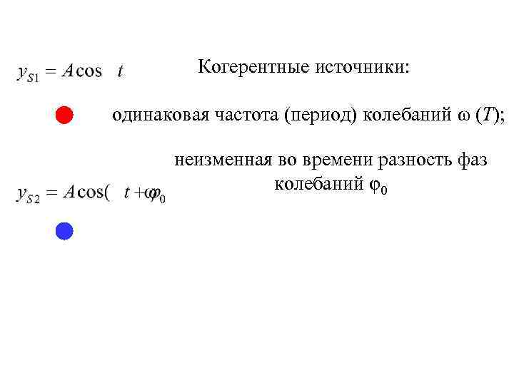 Когерентные источники: одинаковая частота (период) колебаний ω (Т); неизменная во времени разность фаз колебаний