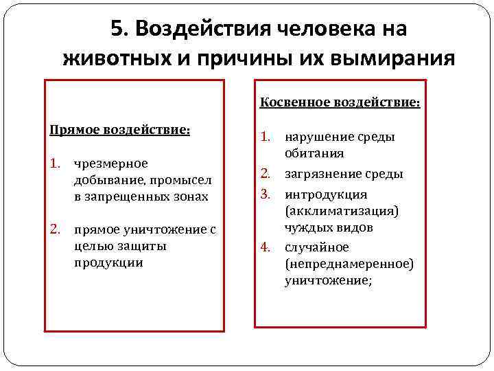 5. Воздействия человека на животных и причины их вымирания Косвенное воздействие: Прямое воздействие: 1.