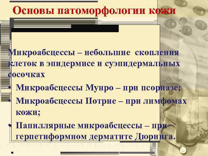 Основы патоморфологии кожи Микроабсцессы – небольшие скопления клеток в эпидермисе и суэпидермальных сосочках •