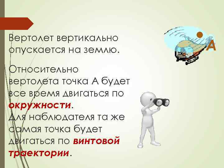 Относительно вертолета точка А будет все время двигаться по окружности. Для наблюдателя та же