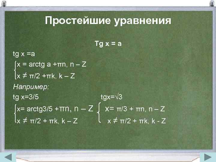 Простейшие уравнения Tg x = a tg x =a x = arctg a +πn,