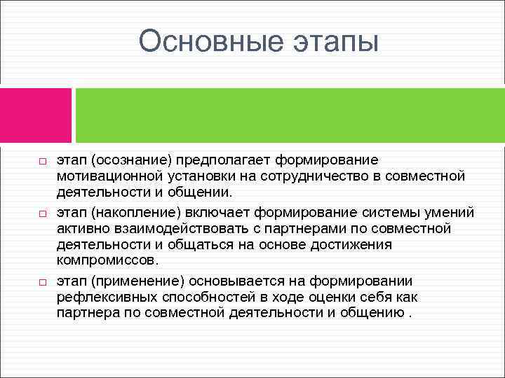 Основные этапы этап (осознание) предполагает формирование мотивационной установки на сотрудничество в совместной деятельности и