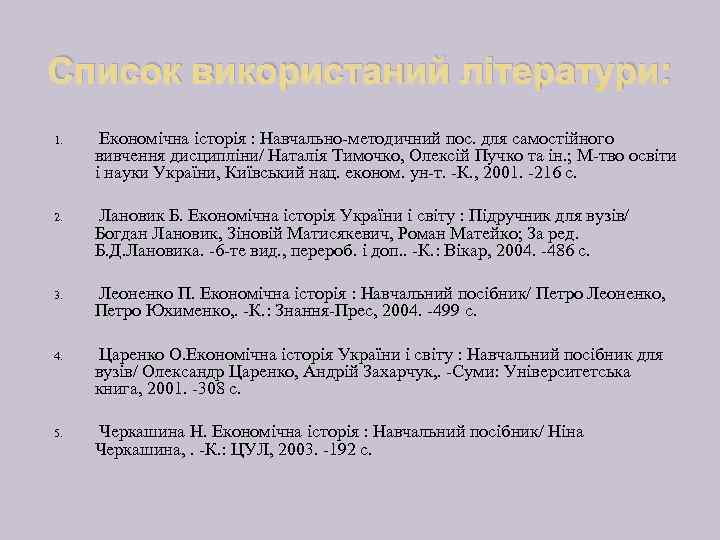 Список використаний літератури: 1. Економічна історія : Навчально-методичний пос. для самостійного вивчення дисципліни/ Наталія