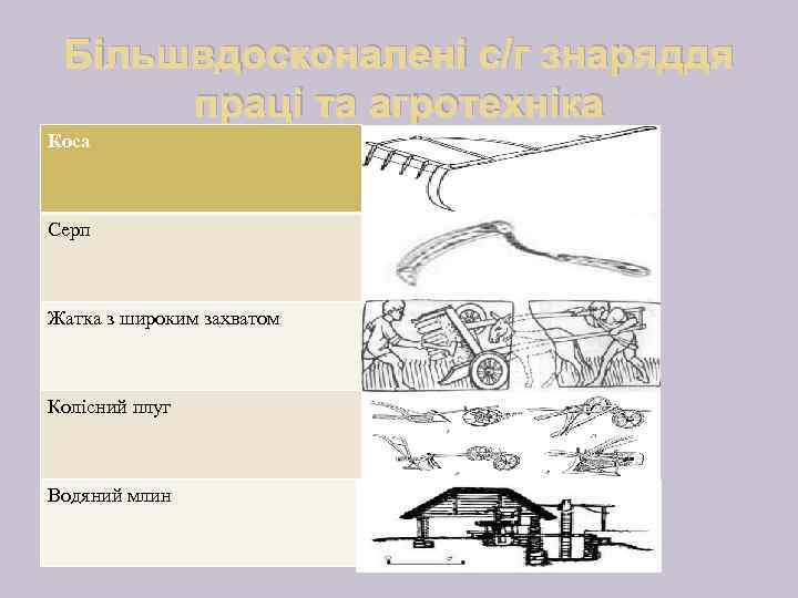 Більшвдосконалені с/г знаряддя праці та агротехніка Коса Серп Жатка з широким захватом Колісний плуг
