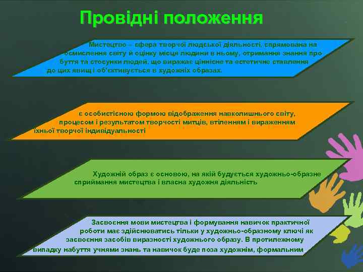 Провідні положення Мистецтво – сфера творчої людської діяльності, спрямована на осмислення світу й оцінку