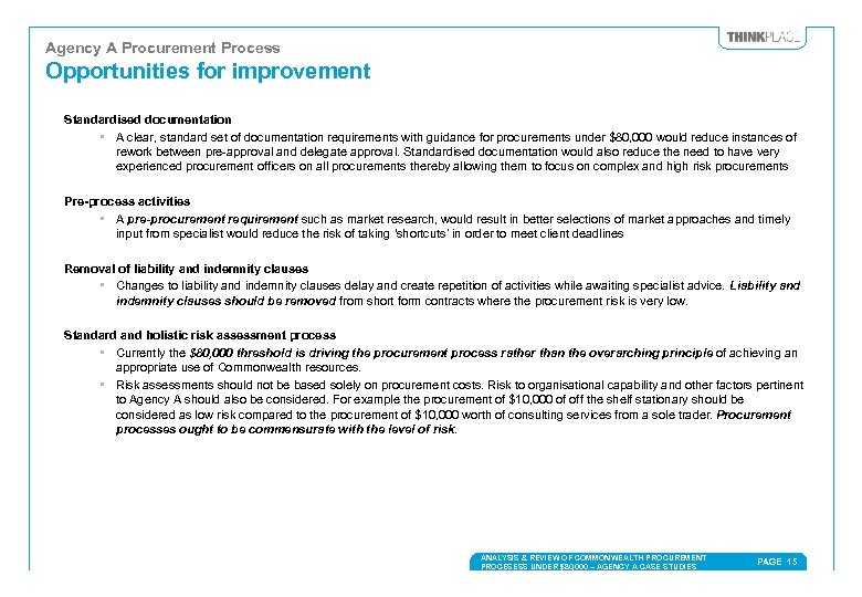 Agency A Procurement Process Opportunities for improvement Standardised documentation • A clear, standard set