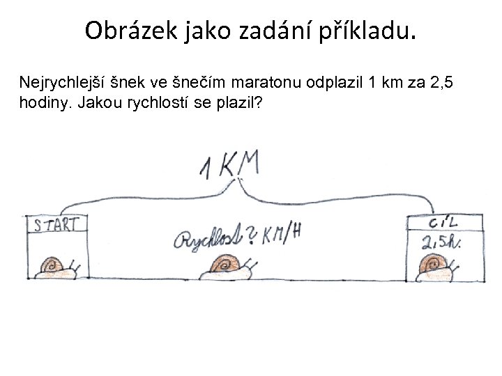 Obrázek jako zadání příkladu. Nejrychlejší šnek ve šnečím maratonu odplazil 1 km za 2,