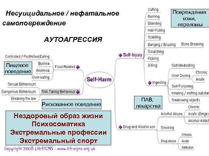 Повреждения кожи, переломы Несуицидальное / нефатальное самоповреждение АУТОАГРЕССИЯ Пищевое поведение Рискованное поведение Нездоровый образ