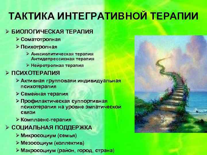 ТАКТИКА ИНТЕГРАТИВНОЙ ТЕРАПИИ Ø БИОЛОГИЧЕСКАЯ ТЕРАПИЯ Ø Соматотропная Ø Психотропная Ø Анксиолитическая терапия Антидепрессивная