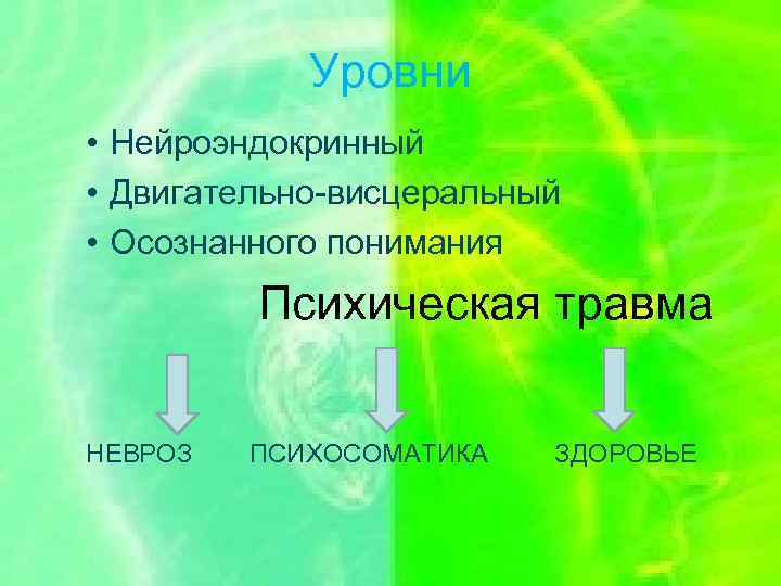 Уровни • Нейроэндокринный • Двигательно-висцеральный • Осознанного понимания Психическая травма НЕВРОЗ ПСИХОСОМАТИКА ЗДОРОВЬЕ 