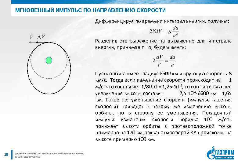 МГНОВЕННЫЙ ИМПУЛЬС ПО НАПРАВЛЕНИЮ СКОРОСТИ Дифференцируя по времени интеграл энергии, получим: Разделив это выражение