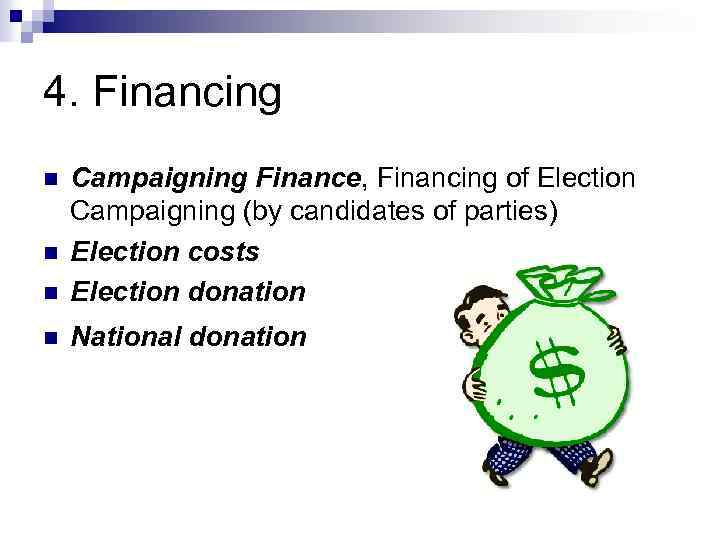 4. Financing n Campaigning Finance, Financing of Election Campaigning (by candidates of parties) Election