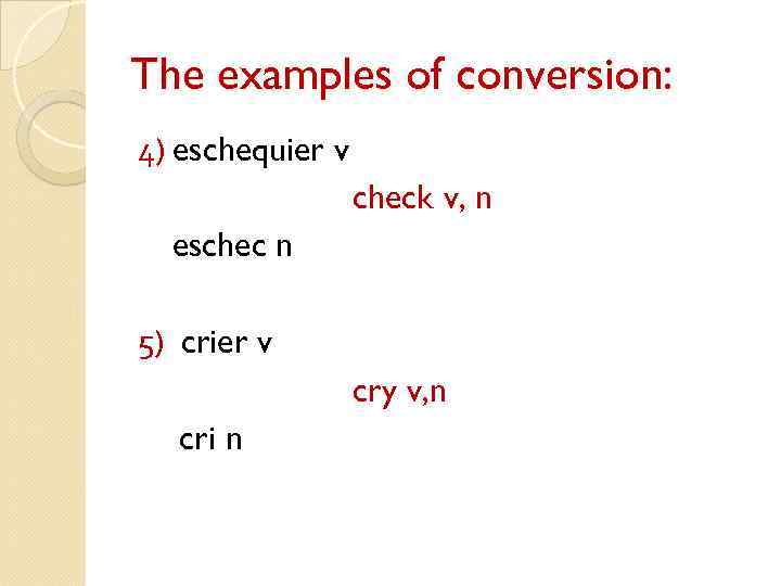 The examples of conversion: 4) eschequier v check v, n eschec n 5) crier