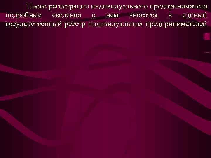 После регистрации индивидуального предпринимателя подробные сведения о нем вносятся в единый государственный реестр индивидуальных